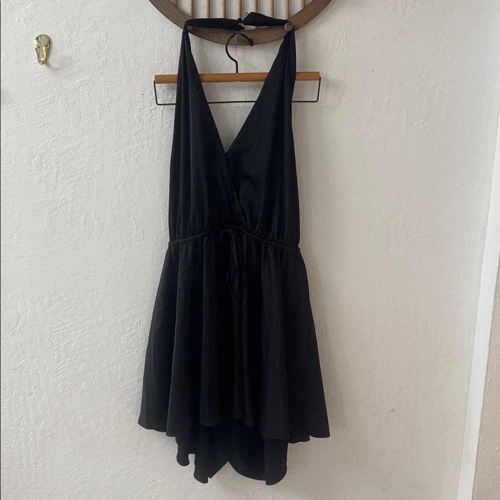 Anthropologie Hutch Black Halter Satin Romper XL Waist Tie Open Back NWT - Picture 4 of 8